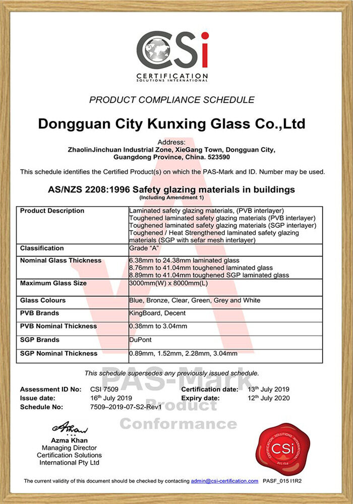 KXG ASNZS 2208 for laminated glass